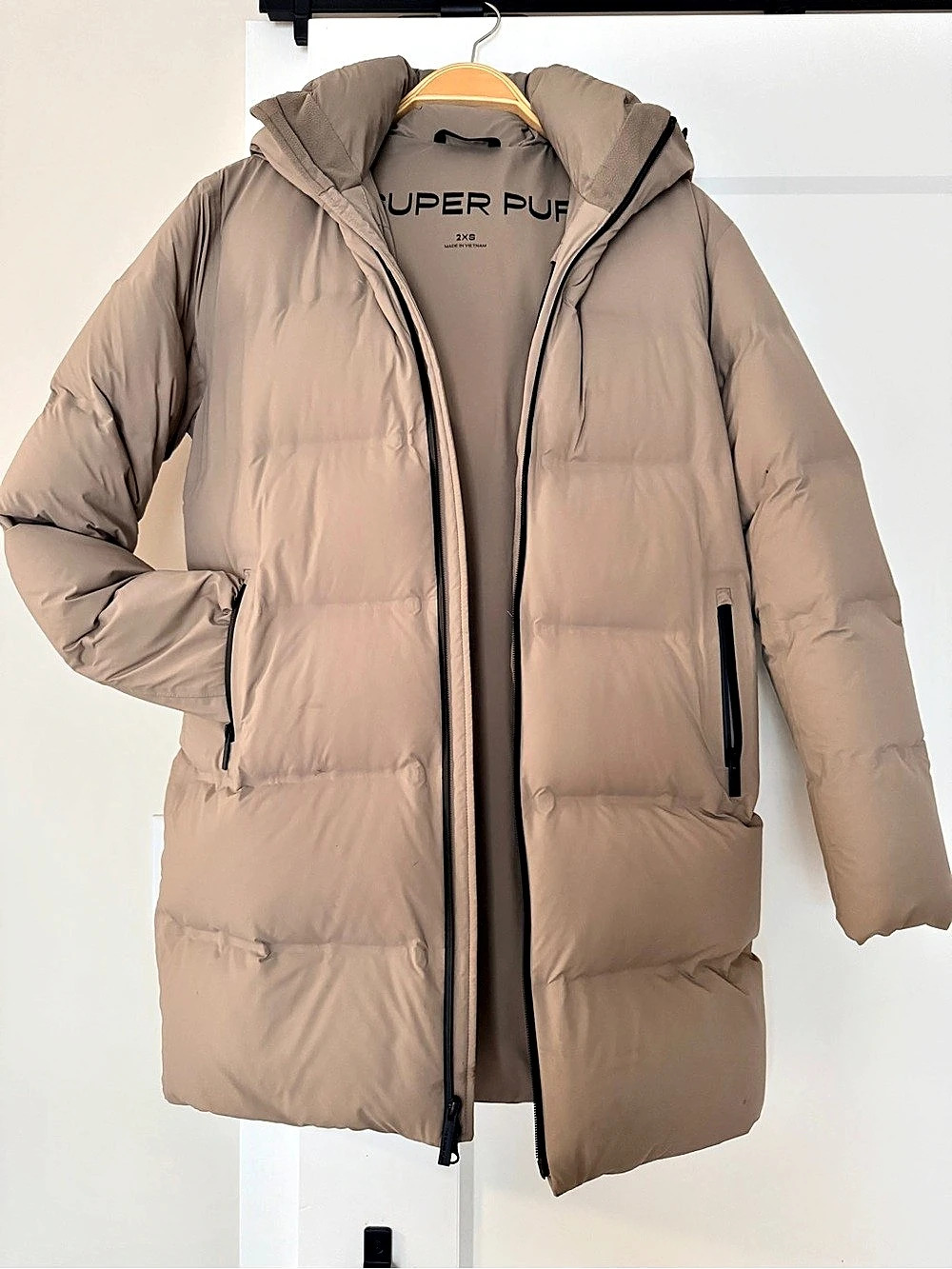 Climate Lab Super Puff Hooded Puffer Jacket in Taupe